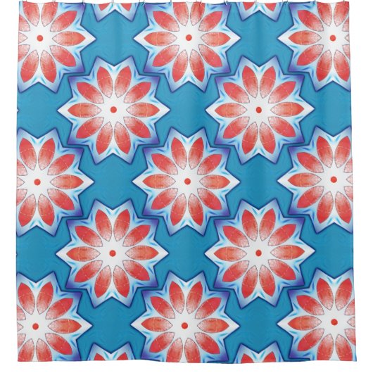 柔らかい光沢のある青い赤い10スタブスター万華鏡のように千変万化するパターン シャワーカーテン (正面)