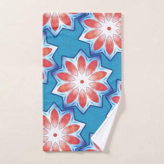 柔らかい光沢のある青い赤い10スタブスター万華鏡のように千変万化するパターン バスタオルセット (ハンドタオル)