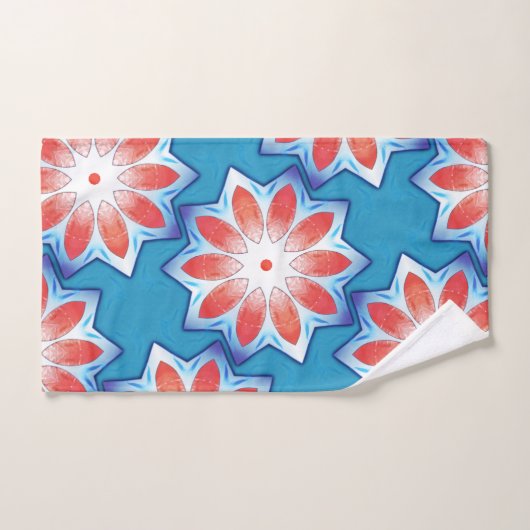 柔らかい光沢のある青い赤い10スタブスター万華鏡のように千変万化するパターン バスタオルセット (ハンドタオル)