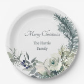柔らかい冬の緑のクリパーソナライズされたスマス ペーパープレート (正面)