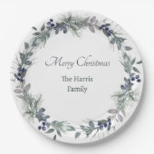 柔らかい冬の緑のリースパーソナライズされたクリスマス ペーパープレート (正面)