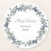 柔らかい冬の緑のリースパーソナライズされたクリスマス ラウンドペーパーコースター (正面)