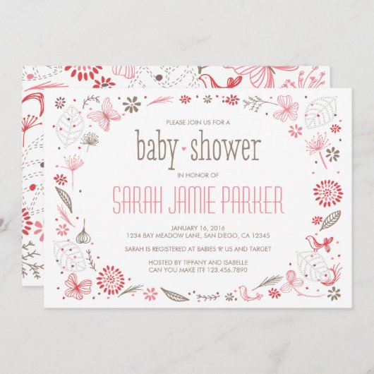 柔らかい咲くピンクの自然花束 招待状 (正面/裏面)