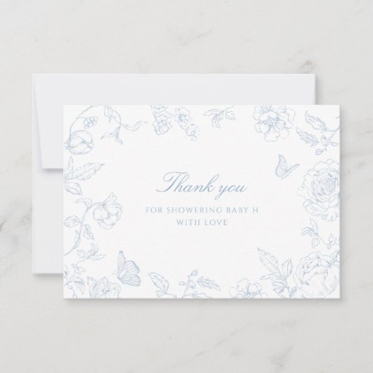 柔らかい埃っぽい青い陳腐な赤ちゃんシャワー サンキューカード (正面)