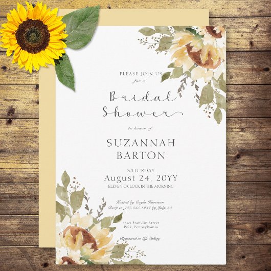 柔らかい大素朴きな黄色のひまわりブライダルシャワー 招待状