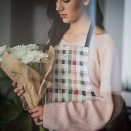 柔らかい常緑ギンガムモノグラム エプロン