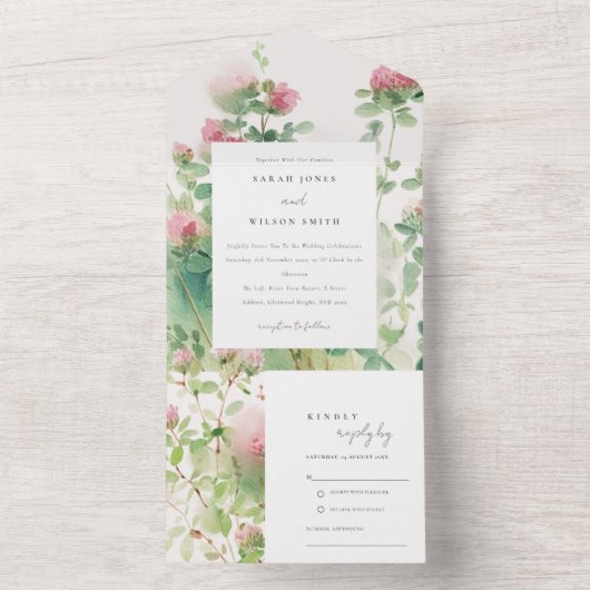 柔らかい微妙なピンクの水カラーフローラ庭園の結婚式 オールインワン招待状 (内側)