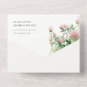 柔らかい微妙なピンクの水カラーフローラ庭園の結婚式 オールインワン招待状 (裏面)