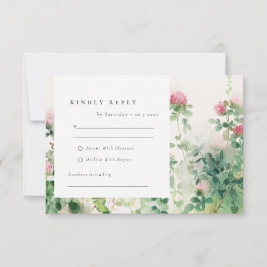 柔らかい微妙なピンクの水カラーフローラ庭園の結婚式 出欠カード (正面)