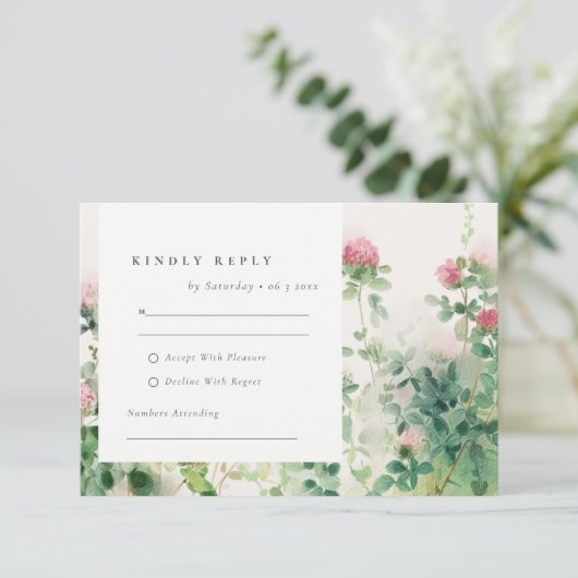 柔らかい微妙なピンクの水カラーフローラ庭園の結婚式 出欠カード (スタンド正面)