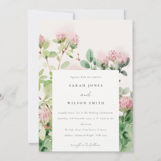 柔らかい微妙なピンクの水カラーフローラ庭園の結婚式 招待状 (正面)