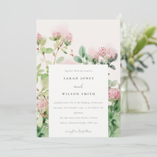 柔らかい微妙なピンクの水カラーフローラ庭園の結婚式 招待状 (スタンド正面)
