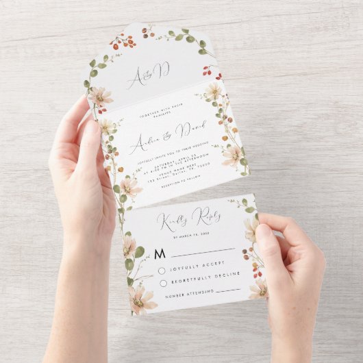 柔らかい春ワイルドフラワーウォーターカラーベリ結婚ーズ オールインワン招待状 (貼ってはがせる)