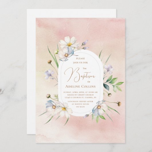 柔らかい水の上に繊細な花バプテスマ 招待状 (正面/裏面)