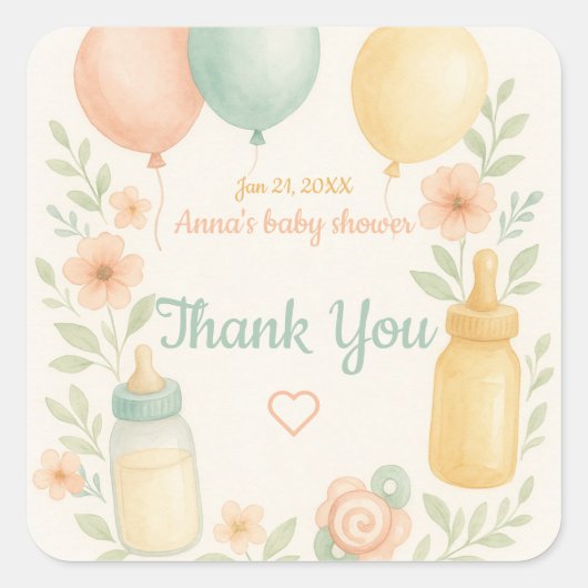 柔らかい水の色のベビーシャワー スクエアシール (正面)