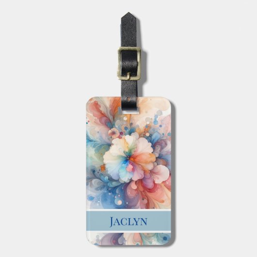 柔らかい水の色の花と渦巻きラゲッジタグ ラゲッジタグ (正面縦)