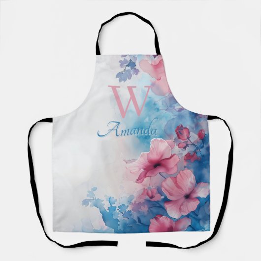 柔らかい水色の花(ピンクとブルー) エプロン (正面)