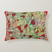 柔らかい波線をカラフル持つ赤い花柄 アクセントクッション (正面)