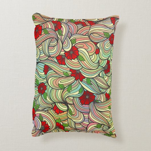 柔らかい波線をカラフル持つ赤い花柄 アクセントクッション (裏面(縦))