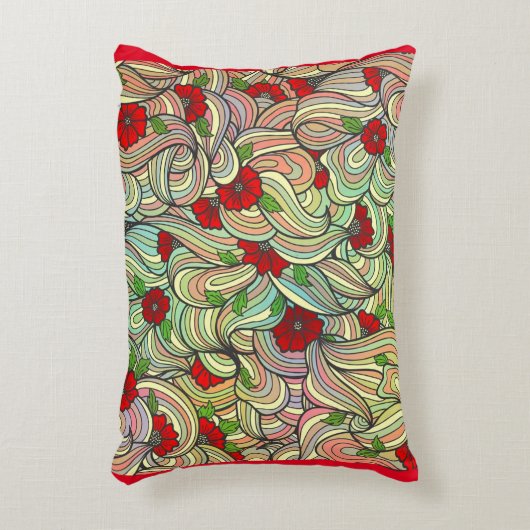 柔らかい波線をカラフル持つ赤い花柄 アクセントクッション (正面(垂直))