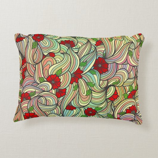 柔らかい波線をカラフル持つ赤い花柄 アクセントクッション (裏面)
