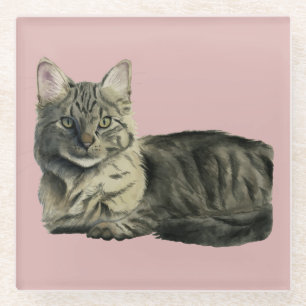 柔らかい猫の水彩画の絵画 ガラスコースター