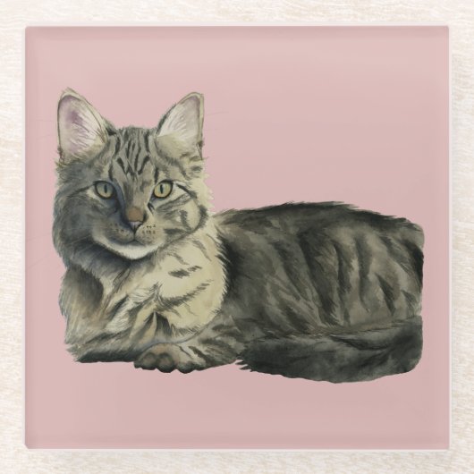 柔らかい猫の水彩画の絵画 ガラスコースター (正面)