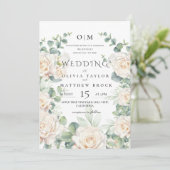 柔らかい白のバラ水色エレガントな結婚式 招待状 (スタンド正面)