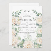 柔らかい白のバラ水色エレガントな結婚式 招待状 (正面/裏面)