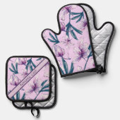 柔らかい紫に花の水疱 鍋つかみ&鍋敷きセット (正面/裏面)