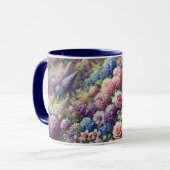 柔らかい紫、ピンク、黄色の花を持つマグカップ マグカップ (正面左)