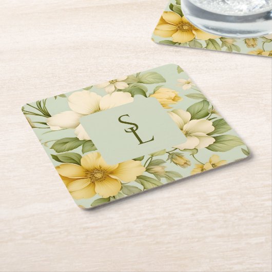 柔らかい緑とベージュ結婚の花 スクエアペーパーコースター (アングル)