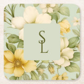 柔らかい緑とベージュ結婚の花 スクエアペーパーコースター (正面)