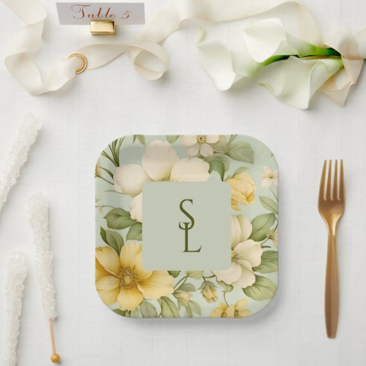 柔らかい緑とベージュ結婚の花 ペーパープレート (ウェディング)