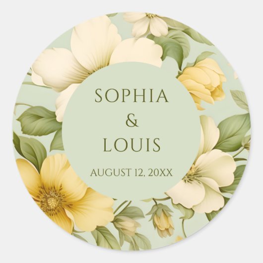 柔らかい緑とベージュ結婚の花 ラウンドシール (正面)