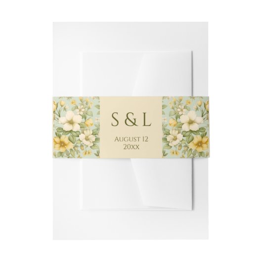 柔らかい緑とベージュ結婚の花 招待状ベリーバンド (正面例)