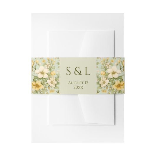 柔らかい緑とベージュ結婚の花 招待状ベリーバンド (正面例)