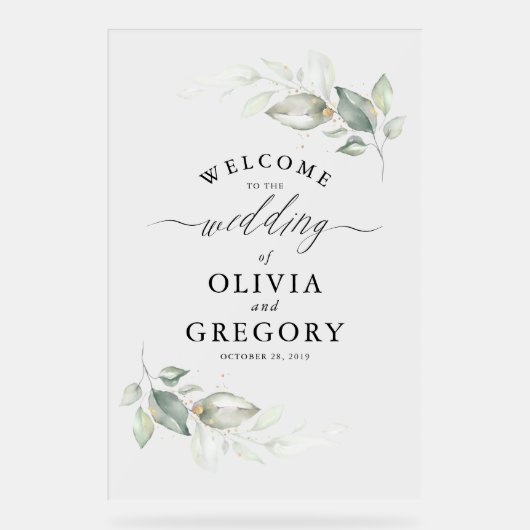 柔らかい緑と金ゴールドミニマル結婚リストの歓迎 アクリルサイン (正面)