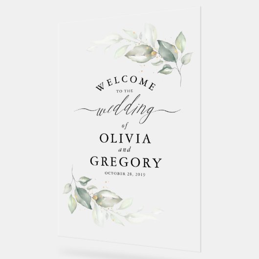 柔らかい緑と金ゴールドミニマル結婚リストの歓迎 アクリルサイン (傾斜)