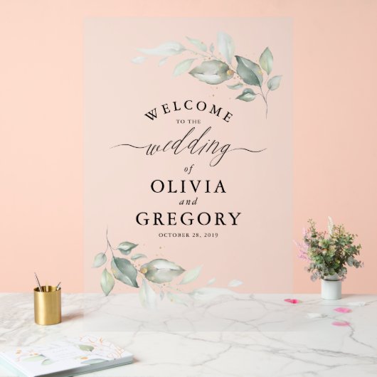 柔らかい緑と金ゴールドミニマル結婚リストの歓迎 アクリルサイン (ウェディング)