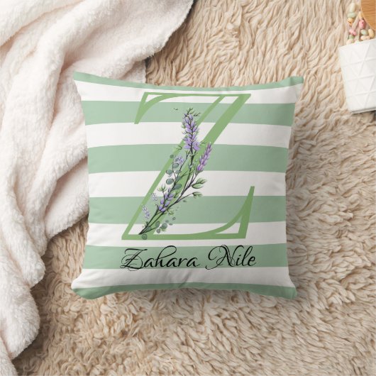柔らかい緑のストリップのモノグラムのラベンダーの緑のスロー クッション (ブランケット)