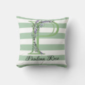 柔らかい緑のストリップのモノグラムラベンダーの緑 クッション (正面)