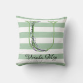 柔らかい緑のストリップのモノグラムラベンダーの緑 クッション (正面)