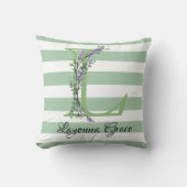 柔らかい緑のストリップのモノグラムラベンダーの緑 クッション (正面)