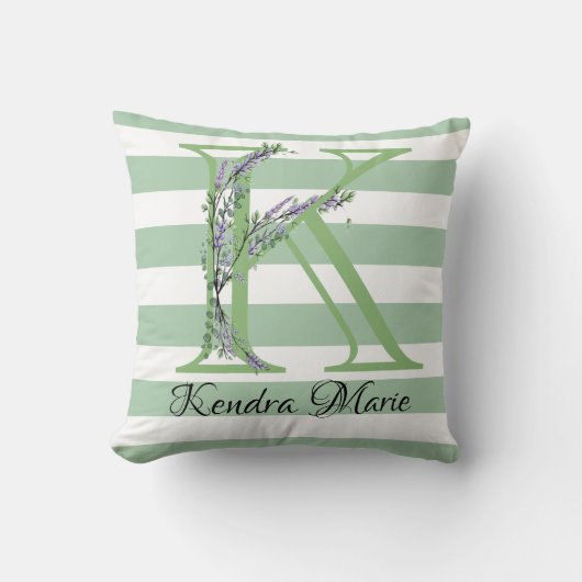 柔らかい緑のストリップのモノグラムラベンダーの緑 クッション (正面)