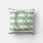 柔らかい緑のストリップのモノグラムラベンダーの緑 クッション (正面)