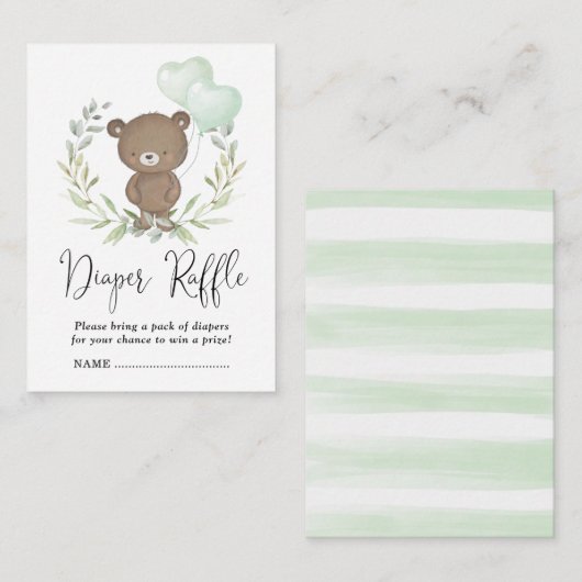 柔らかい緑のテディベア赤ちゃんシャワーおむつラッフル エンクロージャーカード (正面/裏面)
