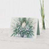 柔らかい緑のトーンクリスマスキャンドル 箔シーズンカード (正面)