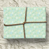 柔らかい緑のフローラと白い青色の黄色の花 ラッピングペーパー