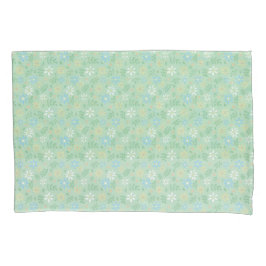 柔らかい緑のフローラと白い青色の黄色の花 枕カバー